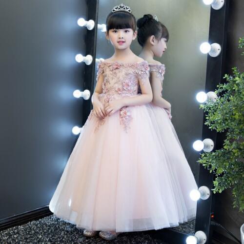 Glizt Pink Tulle Appliques Girl first communion dresses Vestido Daminha Casamento Party Ball Gown Organza Flower Girl Dresses