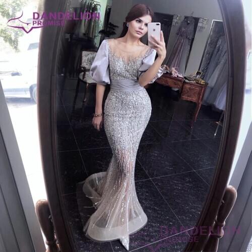 Luxury Silver Nude Mermaid Evening Dress with Half Puff Sleeves Dubai Prom Dresses 2021 Elegant Women Party Formal Gowns