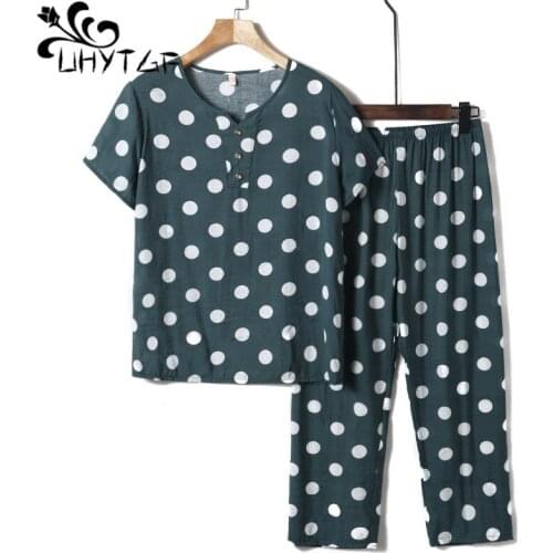 UHYTGF Middle-Aged Elderly Mother Summer Two-Piece Set Fashion Cotton Silk Comfortable Thin Suit Female Plus Size Tracksuit 1603