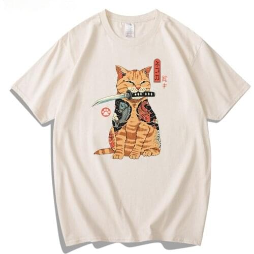 Vintage T Shirt Men Women Harajuku Anime T Shirt Japanese Printed Cat Loose Summer Top Cotton Short Sleeve Streetwear Hipster