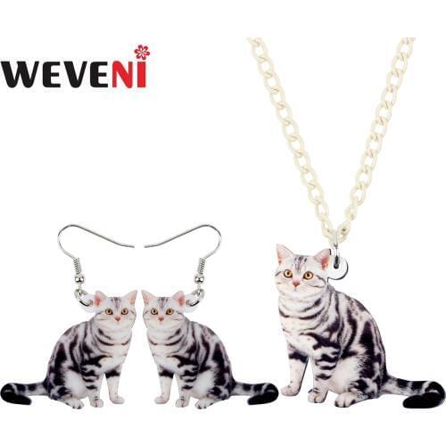 WEVENI Acrylic Sweet Cat Kitten Earrings Necklace Chain Collar Cheap Cute Animal Jewelry Sets For Women Girls Accessories Gift