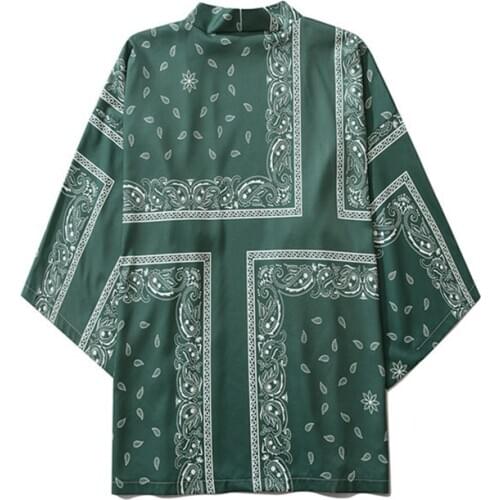 Green robe Cashew Flowers Print Kimono Men Women Japanese Style Traditional Cardigan Yukata Streetwear Haori Clothes