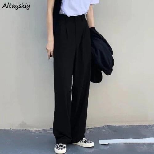 Pants Women Office Elegant High Waist Leisure Solid Color Ladies Long Wide Leg Pockets OL Drape Thin Holiday All-match Korean