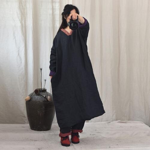 Women Autumn Thin Padded Parkas Ladies Robes Ramie Contrast Color V Neck Long Padded Coat Outwear Female Robe 2019