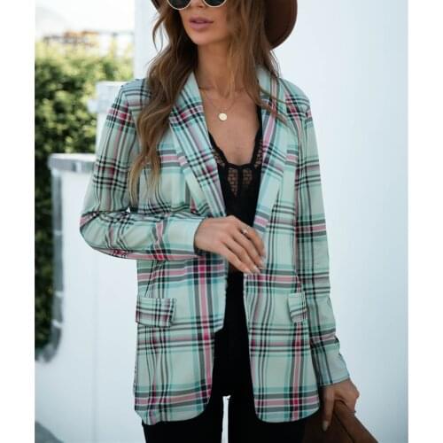 Casual Plaid Print Long Sleeve Jacket for Women Female Autumn Notched Slim Blazers Coat Top 2021 Fashion Clothings AM3253