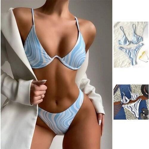 Striped Steel Ring Triangle Cup Bikini Sexy Open Back Metal Buckle High Quality Temperament Womens Swimsuit 2-piece Set