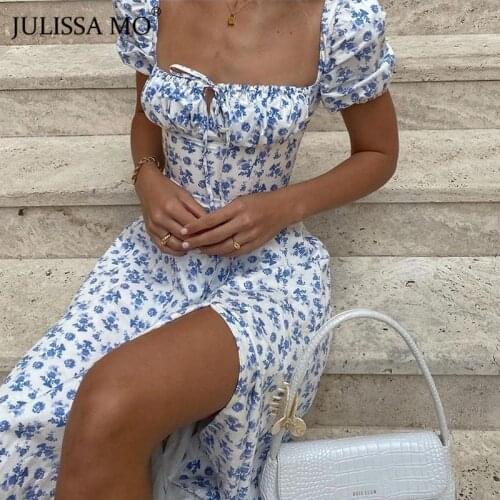 Julissa Mo High Side Split Flower Print Summer Woemn Dress Short Sleeve Square Collar Party Dresses Elegant Streetwear Vestidos