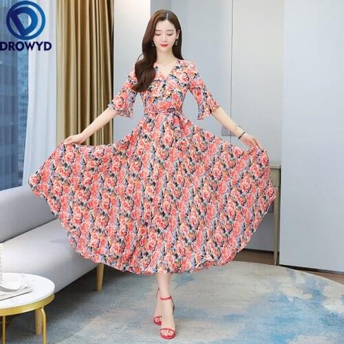 2021 Summer Beach Boho Maxi Dress for Women V-neck Pink Floral Printed Short Sleeve Women Chiffon Long Dresses Party Vestidos