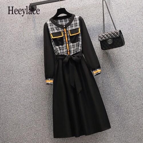 Plus Size 4XL Women Vintage Plaid Patchwork Black Dress Autumn Fall Long Sleeve Elegant Color Contrast Dresses 2021 Clothing