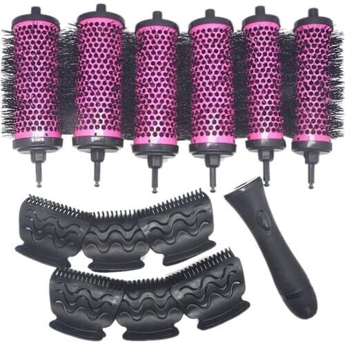 6pcs/set 3 Sizes Detachable Handle Hair Roller Brush with Positioning Clips Aluminum Ceramic Barrel Curler Comb Hairdresser