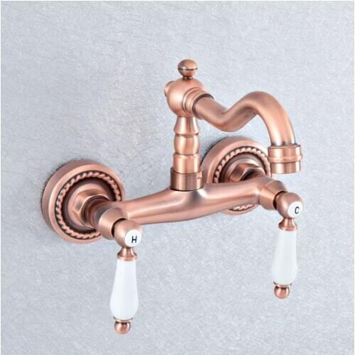 Antique Red Copper Dual Handles Wall Mounted Gold Hot&Cold Bathroom Kitchen Basin Sink swivel Faucet Mixer Tap Nsf884