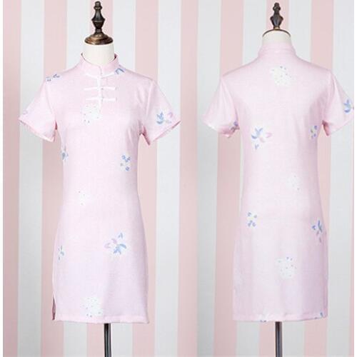 Begonia Miss-Grass Embroidery Cheongsam Chinese Qipao Vintage Dress Mini Dress Short Sleeve Pink & Blue