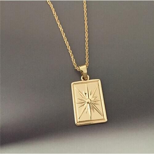 Casual Gold Color Plating Sparkling Engraved Square Single Pendant Necklace For Women Girl Elegant Dainty Chic Jewelry Accessory
