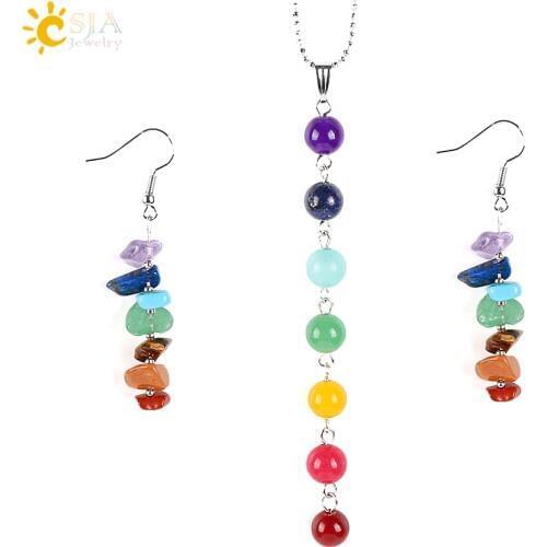 CSJA 7 Chakras Yoga Women Jewelry Sets Healing Reiki Rainbow Chips Earrings Necklaces Pendants Natural Gem Stone Mala Beads E702