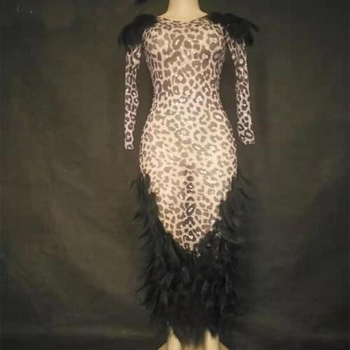 Black Feather Rhinestones Mesh Long Dress Prom Party Dress Birthday Celebrate Dress Female Singer Show Dresses