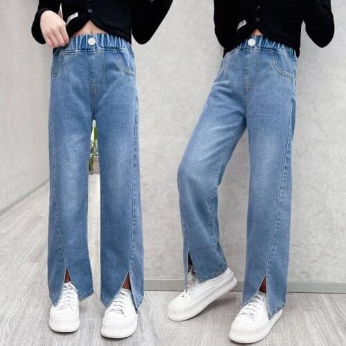 Childrens Jeans Kids Denim Long Trousers Spring Autumn Split Pants Teen Girls Korean Style Clothes Casual Loose Jeans 5-14Years