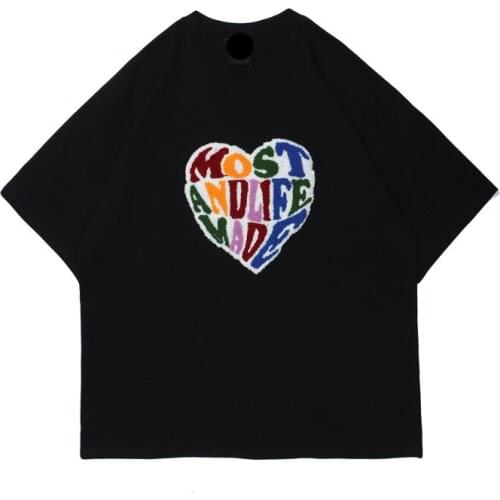 2021 Men Hip Hop Streetwear T-Shirt Harajuku Furry Heart Letter T Shirt Cotton Casual Summer Short Sleeve Tshirt Tops Tees Black