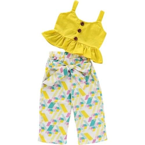 Toddler Kids Baby Girls Infant Children Clothing Suits Outfits Yellow Girls Off Shoulder Ruffle Sling Tank Tops Floral Pants