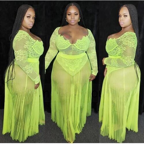 BKLD Two Pieces Skirt Set Women 2019 Summer Sexy Clubwear Long Sleeve Bodysuit And Skirts Mesh Sheer Plus Size Sets For Women