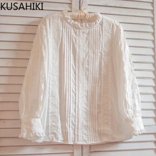 KUSAHIKI Vintage Sweet Cotton Blouse Tops Embroideried Korean Women Shirt 2021 Spring Puff Sleeve O-neck Blusas Mujer 6F024