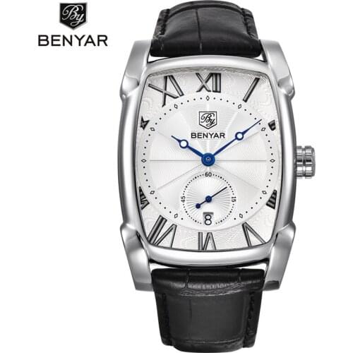 BENYAR Men Rectangle Watches Leather Strap Waterproof Shock Sport Military Watch Luxury Business Mens Quartz Watch Analog Clock