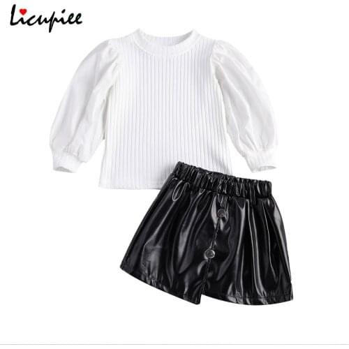 1-6 Years Kids Baby Girls Fashion 2-piece Outfit Set Puff Sleeve Top and Leather Skirt Set for Children Girls