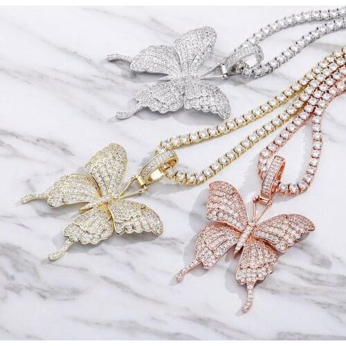 Hip Hop Micro Paved AAA Cubic Zircon Charm Butterfly Pendant Necklace for Men Women Rapper Jewelry Gifts Drop Shipping