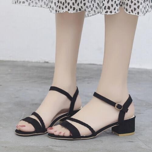 Suede Mid heels sandals women Summer shoes women Fashion Buckle Strap Open toe sandals Square heel Riband female shoes 998