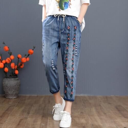 Plus Size Womens Elastic Waist Slim Jeans Vintage Embroidery 8/10 Denim Pants