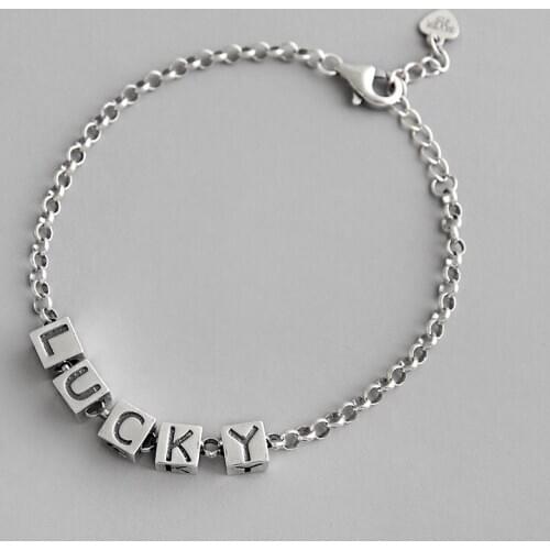 925 Sterling Silver Kehribar Women Bracelet Lucky English Letters Geometric Squares Female With Chains Bracelets Jewelry