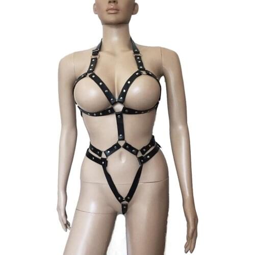 Womens Halter Faux Leather Studded Body Harness Belt Open Cup Fetish Bodysuit Fetish Role Play Restraint Adult Sex Products