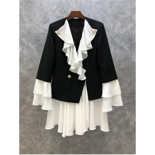 High Quality New Long Blazer Dress 2021 Autumn Fashion Women White Ruffle Patchwork Flare Sleeve Casual Work Dress Clothing