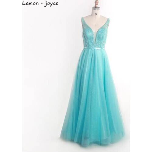 Lemon joyce Elegant Prom Dress Long 2020 Sexy See-through Beading A-line Evening Party Gowns for Girls Plus Size