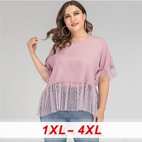 2020 Black Lace Plus Size T Shirt Tops for Women Large Loose Casual Short Sleeve Lace O Neck Office Female Tops