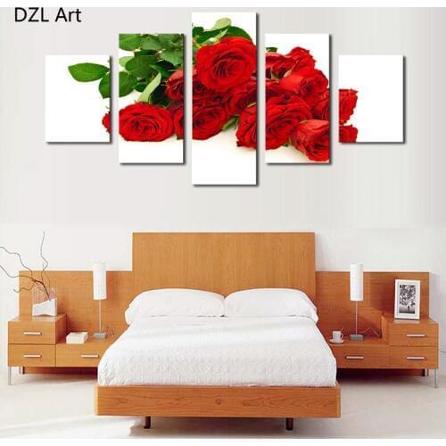 5 Panel The noble red roses oil painting on canvas flowers Wall Art Picture Home Decoration Canvas Print painting Framed