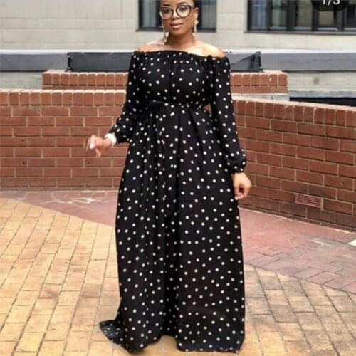 African Women Dress Slash neck Long Sleeve Dot Dresses Vestidos with Sashes