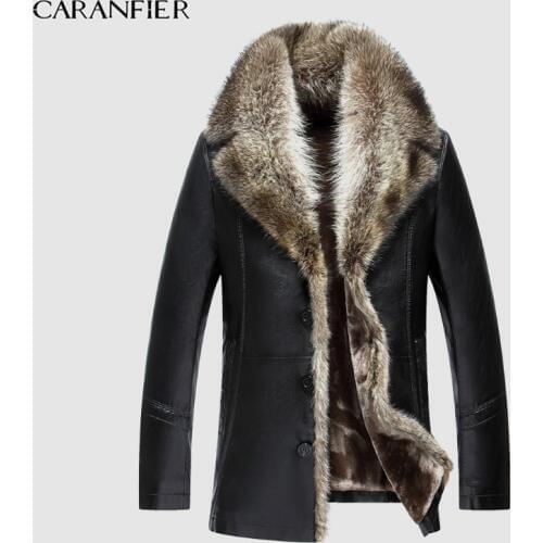 CARANFIER Real Raccoon Fur Collar Men Faux Leather Jackets Winter Thicken Coat Jaqueta De Couro Chaqueta Men PU Leather
