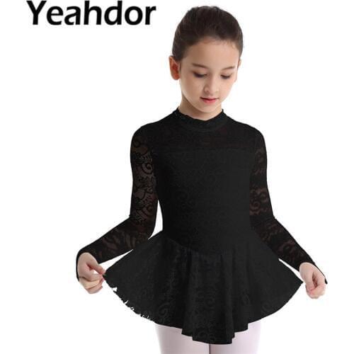 Kids Girls Floral Lace Figure Skating Dress Long Sleeves Mock Neck Girl Teens Ice Skating Ballet Gymnastics Leotard Dress