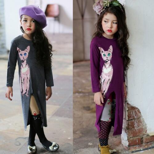 Childrens Girl Shirt Dress Long Sleeve Animal Patterns Cotton Birthday Party Irregular Dresses Kids Clothing