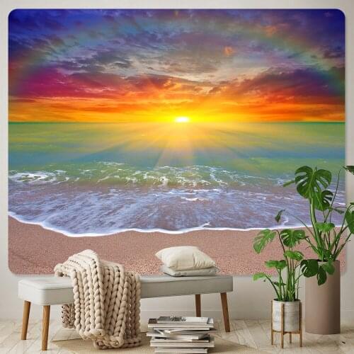 Beach seaside sunrise psychedelic scene home art tapestry hippie bohemian decoration bedroom background wall sheet beach mat