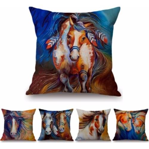 Oil Painting Animal Indian War Horse Sofa Decorative Throw Pillow Case Luxury Soft Linen Gallery Hotel Decoration Cushion Cover