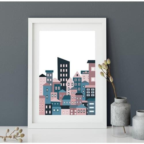 Houses Art Canvas Painting, Blue Poster, Minimalist Wall Picture, Pink Print, Modern Home Decoration