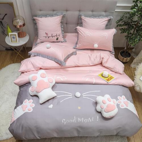 New 4pcs Egyptian cotton Duvet Cover Sets King Queen Size Bedding Sets Pillowcases embroidery cat bed cover Bed Linen