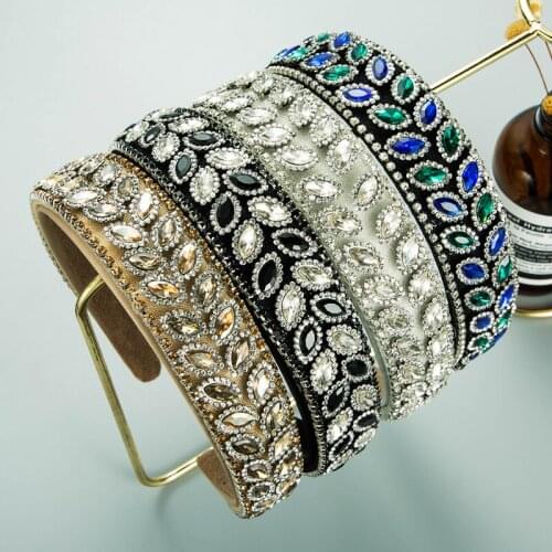 Creative Colorful Crystal Leaf Headbands Baroque Shiny Rhinestones Beaded Wide Cloth Headbands Bridal Fashion Hair Accessories