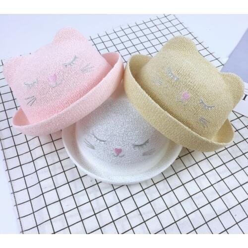 Summer Straw Hat With Cute Cat Ears For Boys Girls Beach Hats Headgear For Infant Girls Casual Sun Hats Chapeau Paille Feminio