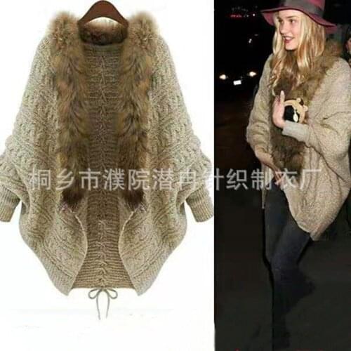 Mazefeng Women Cardigan Sweater Thick Poncho Capes Femme Winter Bat Sleeve Fur Collar Wool Sweater Knitted Wome Long Cardigan