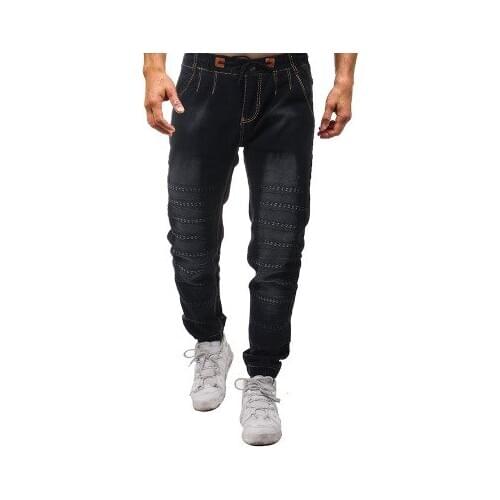 Men casual jeans fashion washed distressed pleated drawstring straight slim jeans spring and autumn new men denim pants trousers