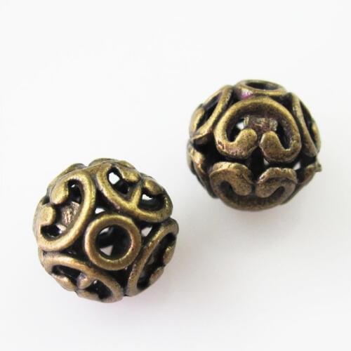 New 10Pcs Antiqued Bronze Flower Round Ball Spacer Beads Charms 12mm