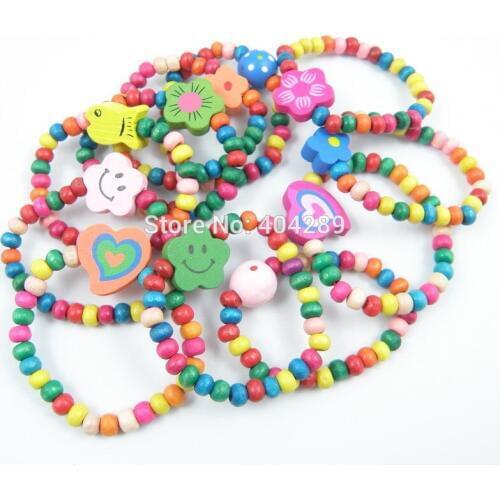 Wholesale 60pcs Natural Wood Kids Elastic wooden Beads Bracelets Children Girls Party Gift