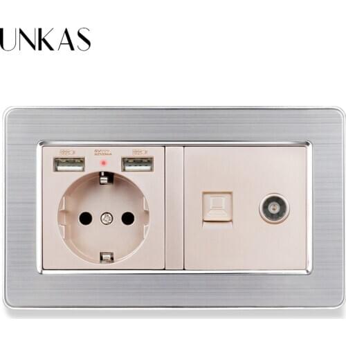 UNKAS Stainless Steel Panel EU Standard Electric Socket with 2 USB + RJ45 Internet Jack and Television Port Power Outlet